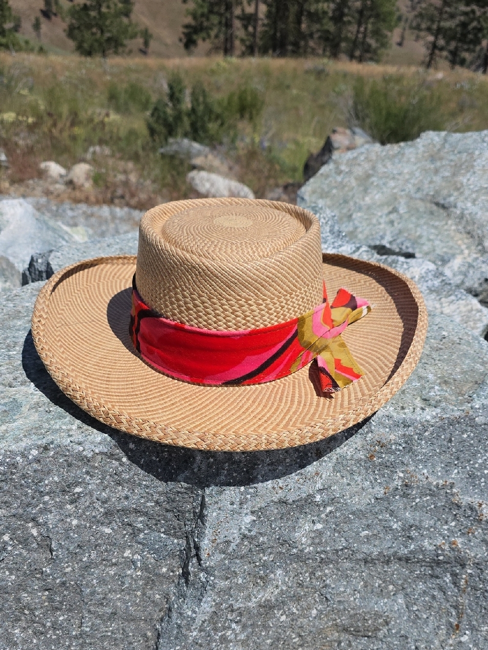 Vintage Straw Western Sun Hat with Red Patterned Scarf Band
